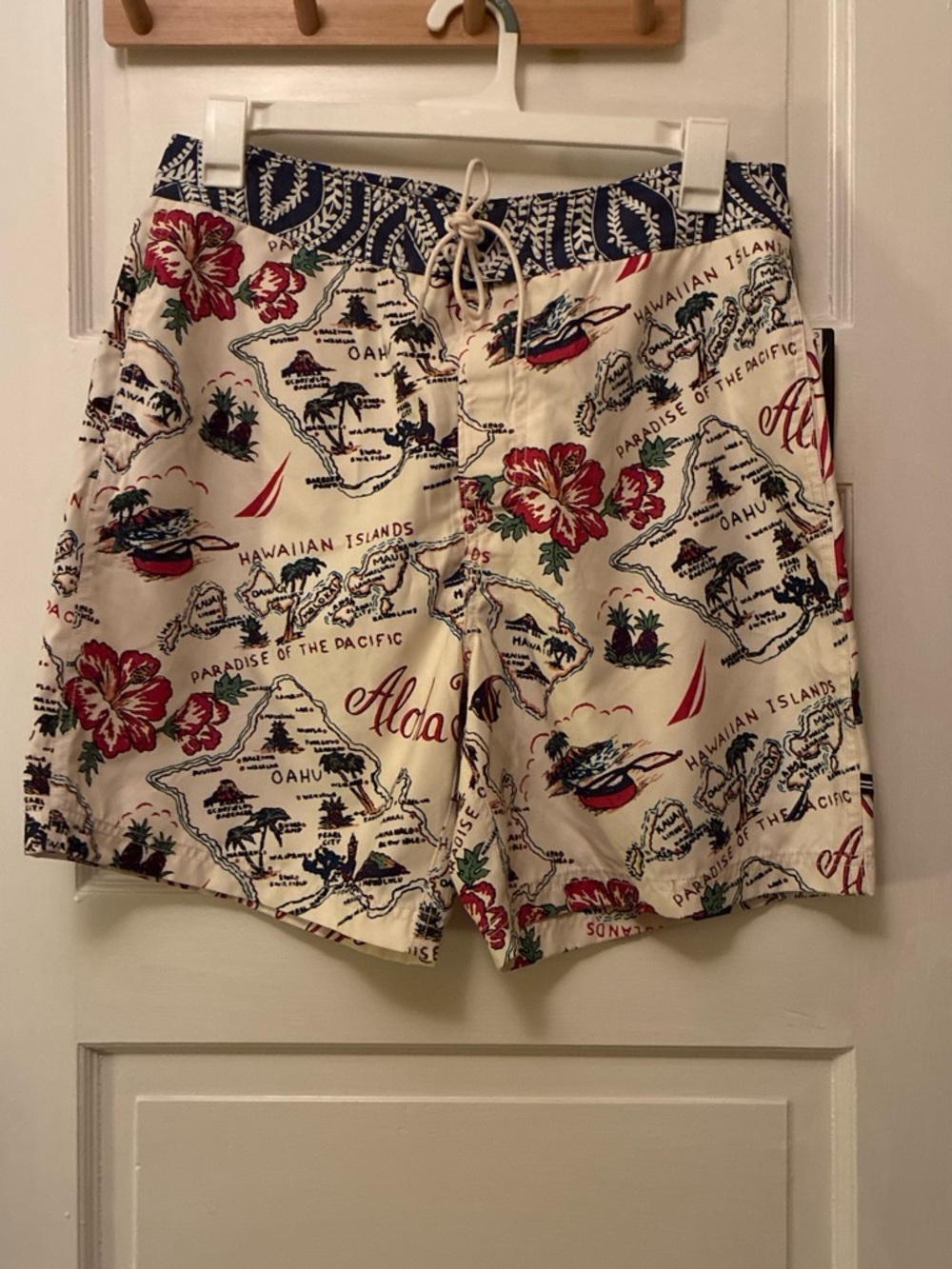 Nautica Cream Swim Hybrids with Red Floral & Navy Map Print